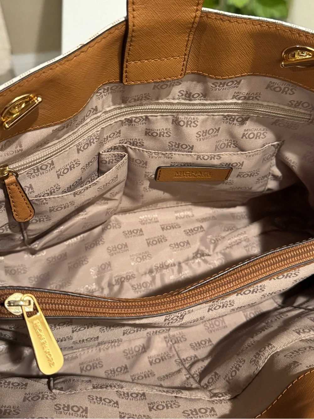 Michael Kors White/Brown Signature Costed Canvas and Leather Tote.